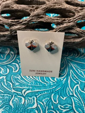 Zuni Sterling Silver, Coral, Onyx, & Mother of Pearl Stud Heart Earrings